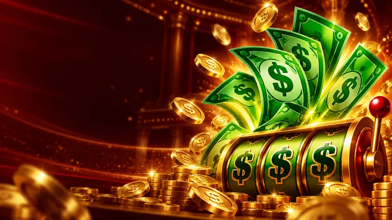 Ilustración temática de Money Coming con tragamonedas, monedas y billetes